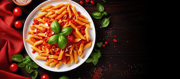 Una ricetta tradizionale italiana per le Penne All'Arrabbiata presentata in una vista dall'alto del piatto