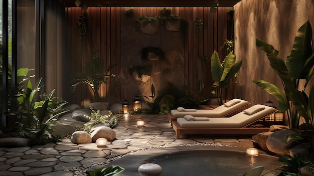 Una rilassante scena spa con una vasca idromassaggio due sedie a sdraio e un bellissimo giardino il posto perfetto per rilassarsi e ringiovanirsi