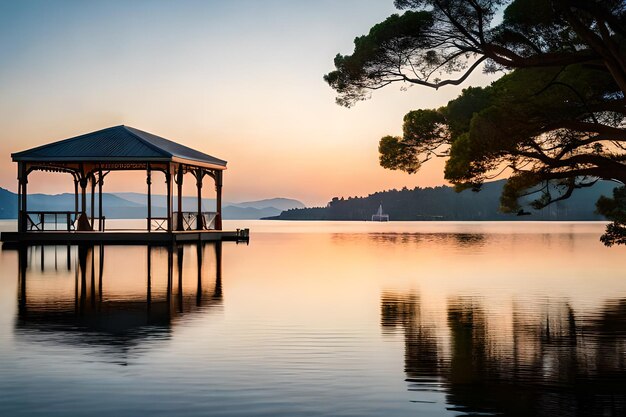 Una rimessa per barche sull'acqua al tramonto