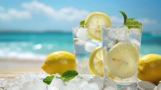 Una rinfrescante delizia sulla spiaggia, limonata con ghiaccio e menta fresca servita in due bicchieri sullo sfondo dell'oceano e della spiaggia sabbiosa