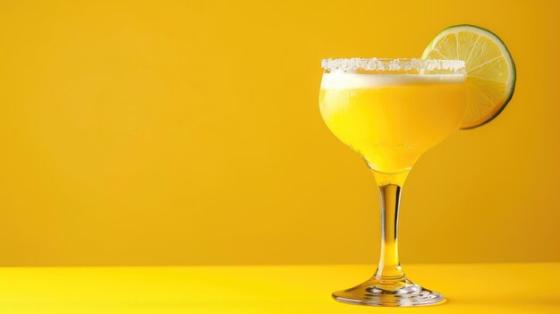 Una rinfrescante margarita al limone con guarnizione di lime su uno sfondo giallo vivace