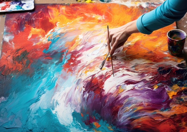 Una ripresa ad alta angolazione di una tela da pittura posizionata su un cavalletto che cattura la mano dell'artista in movimento