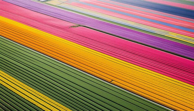 Una ripresa ad alta quota che cattura il disegno di un campo di tulipani in primavera
