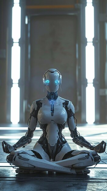 Una ripresa ad angolo basso di una monaca robot cyborg con abiti in meditazione