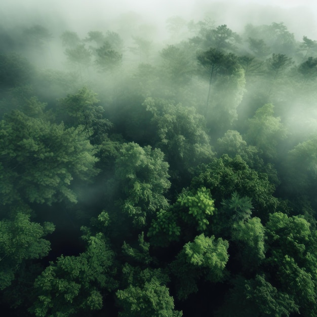 Una ripresa aerea di una fitta foresta con una nebbia bianca