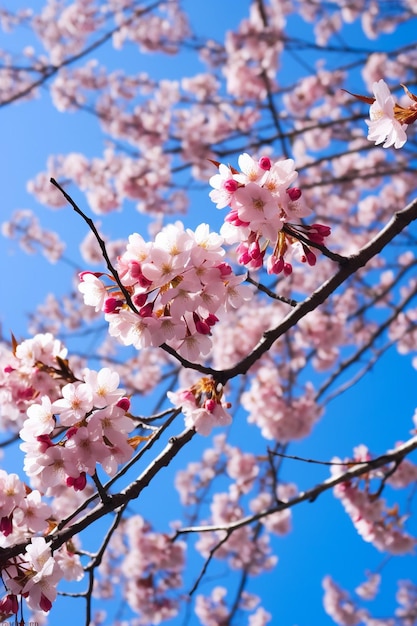 Una ripresa artistica dei fiori di ciliegio da un basso angolo con un cielo blu limpido come sfondo