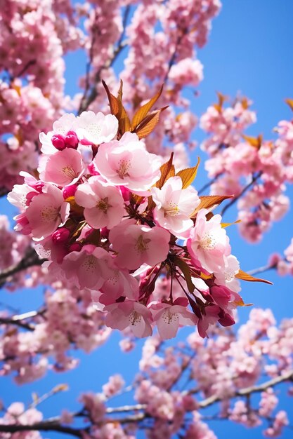 Una ripresa artistica dei fiori di ciliegio da un basso angolo con un cielo blu limpido come sfondo