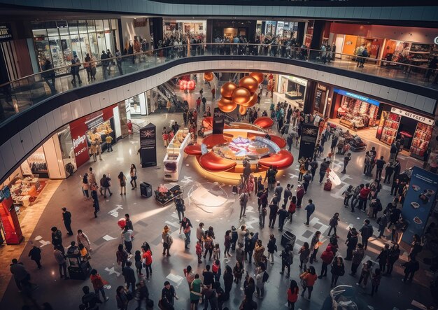 Una ripresa cinematografica di un vivace centro commerciale durante il Black Friday con gli acquirenti che corrono lungo i corridoi