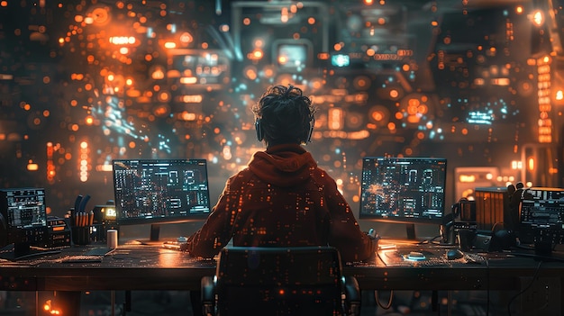 Una ripresa cinematografica di una persona seduta davanti a un computer circondata da numeri luminosi con un dato