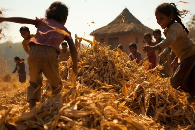 Una ripresa d'azione di bambini che saltano in un mucchio di foglie di mais secche durante la stagione del raccolto