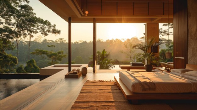 una ripresa elevata che mostra il layout di una camera da letto moderna che si apre a uno splendido panorama naturale