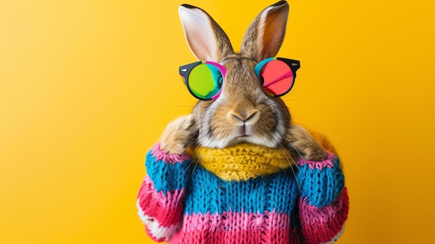 Una ripresa in studio di un coniglietto carino che indossa occhiali da sole e un maglione colorato isolato su uno sfondo giallo