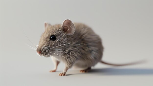 Una ripresa in studio di un piccolo topo marrone con la pancia bianca e i piedi rivolti a destra guardando a sinistra con un'espressione curiosa sul suo viso