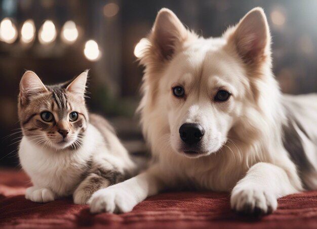 Una ripresa isolata di un cane che si accovaccia con un gatto in giardino