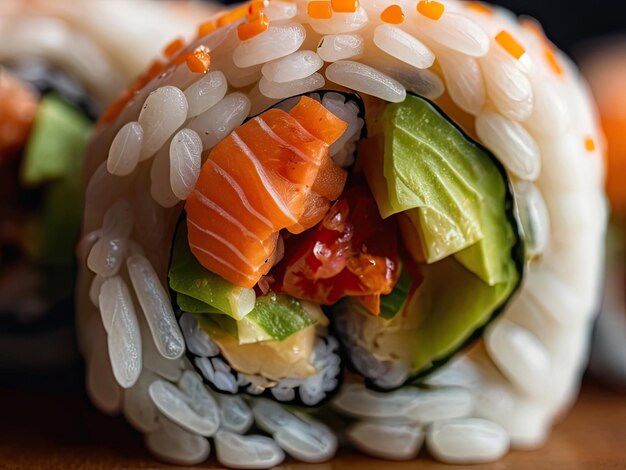 Una ripresa macro che si concentra sui dettagli di un rotolo di sushi