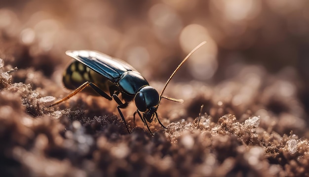 Una ripresa macro di un coleottero sul terreno Profondità di campo poco profonda