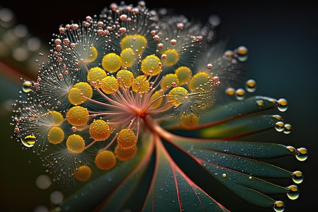 Una ripresa macro di un singolo fiore di mimosa con goccioline di rugiada sui petali creati con intelligenza artificiale generativa