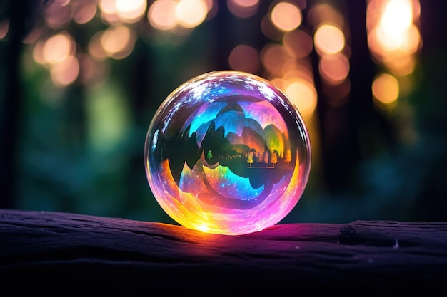 Una ripresa macro di una bolla di sapone che riflette uno spettro di colori in modo sognante ed etereo