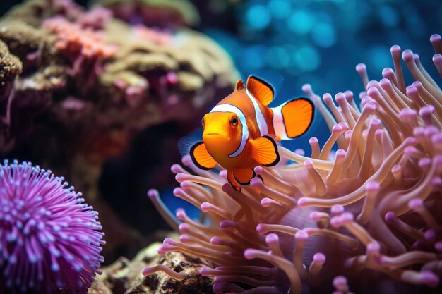 Una ripresa macro subacquea di un vibrante anemone di mare con il suo pesce pagliaccio residente