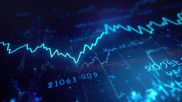 Una ripresa panoramica di un grafico del mercato azionario finanziario con un grafico a linea ascendente su uno sfondo di colore blu scuro