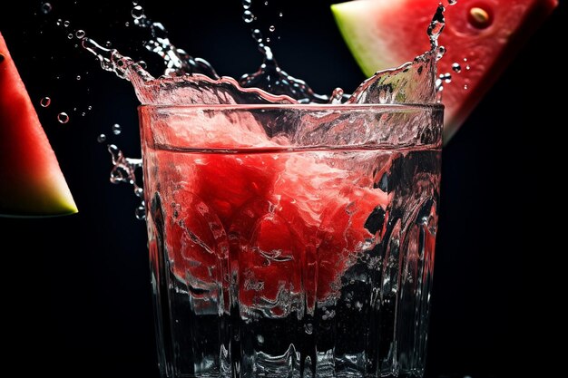 Una ripresa ravvicinata del succo di anguria che viene versato in un bicchiere pieno di ghiaccio