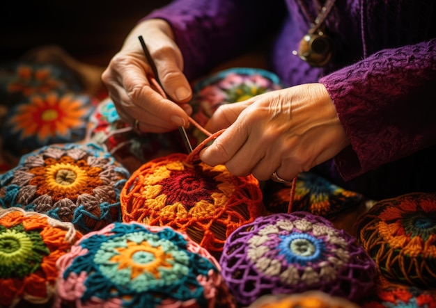 Una ripresa ravvicinata delle mani di una persona che cuce un mandala colorato con l'attenzione sull'intricato