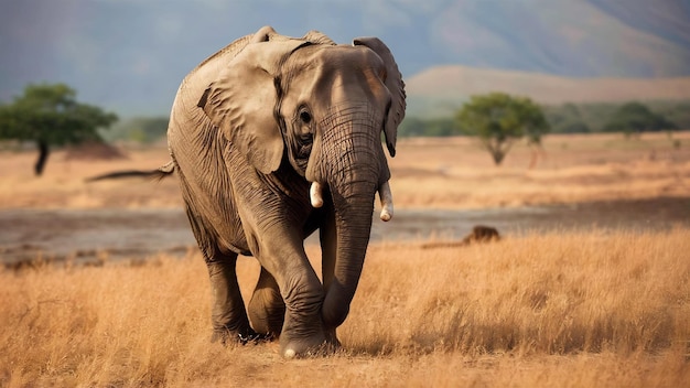 Una ripresa ravvicinata di un carino elefante che cammina sull'erba secca nel deserto