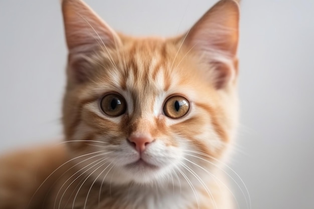 Una ripresa ravvicinata di un carino gattino rosso che fissa la telecamera isolato su un muro bianco