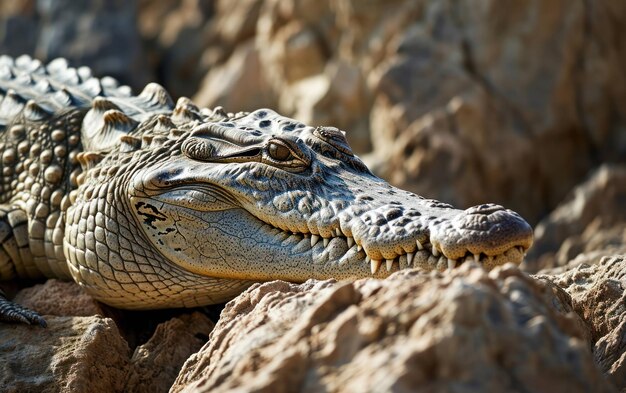 Una ripresa ravvicinata di un coccodrillo che si prende il sole su un affioramento roccioso