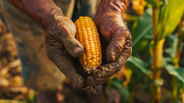 Una ripresa ravvicinata di un contadino con le mani callose che tiene delicatamente un chicco di mais appena raccolto il vibrante
