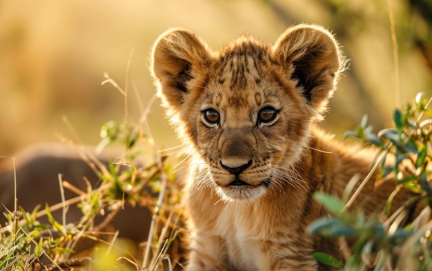 Una ripresa ravvicinata di un cucciolo di leone che esplora i suoi dintorni con occhi curiosi