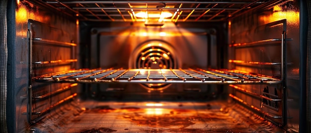 Una ripresa ravvicinata di un forno aperto con un rack vuoto con spazio all'interno di esso un'illustrazione vibrante AI generativa