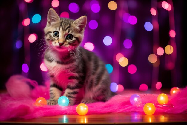 Una ripresa ravvicinata di un gattino soffice sullo sfondo vibrante che evidenzia le sue caratteristiche accattivanti