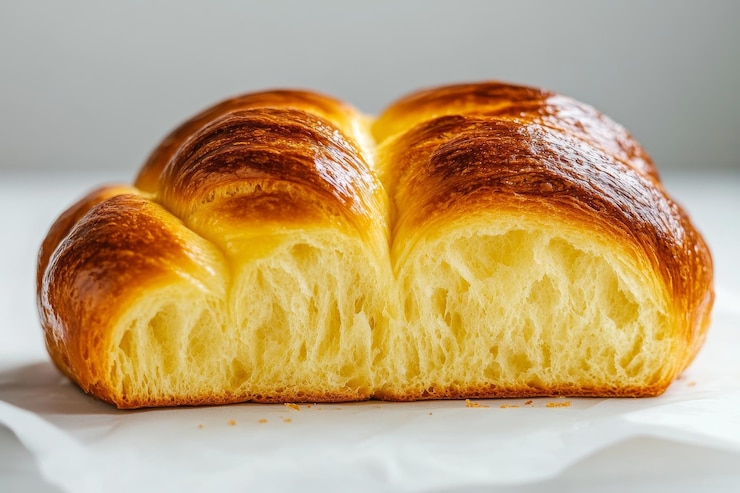 Foto una ripresa ravvicinata di un pane di brioche marrone dorato che mostra la sua consistenza morbida e soffice