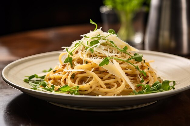 Una ripresa ravvicinata di un piatto fumoso di pasta artigianale coperto di erbe fresche e parmigiano