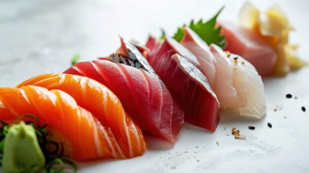 Una ripresa ravvicinata di un set di Sashimi sullo sfondo bianco