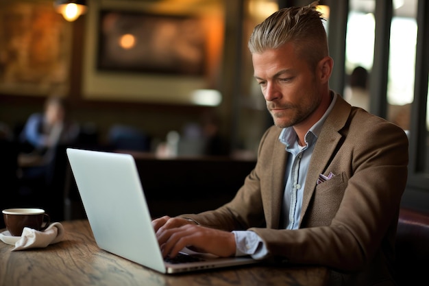Una ripresa ravvicinata di un uomo d'affari che usa un portatile in un caffè AI generativa