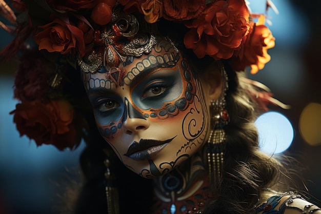 Una ripresa ravvicinata di un viso splendidamente dipinto che indossa il tradizionale Dia de los Muertos makeup showcasin