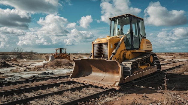 Una ripresa ravvicinata di una costruzione in corso con binari e un bulldozer su un terreno abbandonato