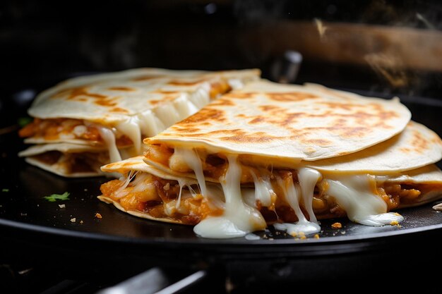 Una ripresa ravvicinata di una quesadilla che viene capovolta su una padella calda