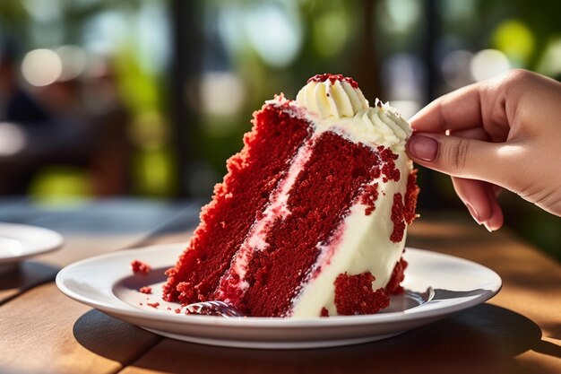 Una ripresa ravvicinata di una torta di velluto rosso cosparsa di salsa di cioccolato