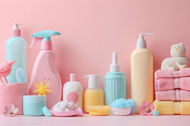 Una ripresa ravvicinata di una varietà di prodotti per la cura dei bambini disposti su uno sfondo rosa con un grande spazio per il testo o lo sfondo della pubblicità del prodotto AI generativa