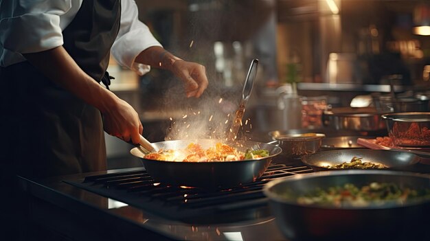 Una ripresa ravvicinata di uno chef che cucina con uno sfondo sfocato