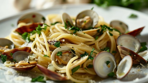 Una ripresa ravvicinata di uno Spaghetti Vongole su una superficie bianca pulita