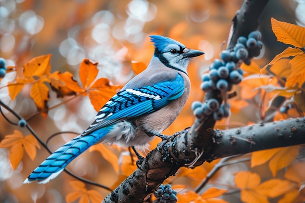 Una ripresa selettiva di una jay blu seduta sul ramo spesso di un albero