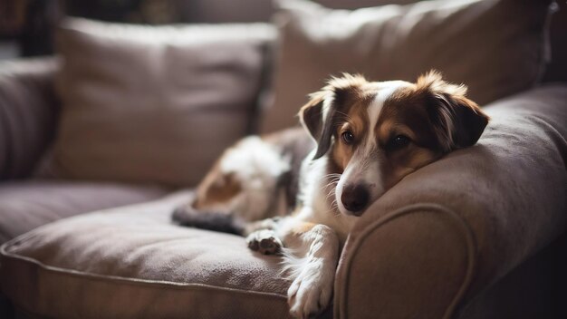 Una ripresa superficiale di un vecchio cane che si riposa sul divano