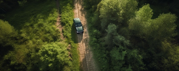 Una ripresa top view di un drone di un'auto rossa su una strada tortuosa circondata da lussureggiante vegetazione