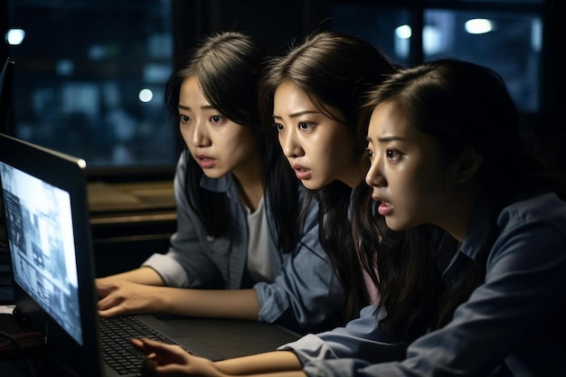 una ripresa verticale di donne giapponesi che guardano lo schermo del computer