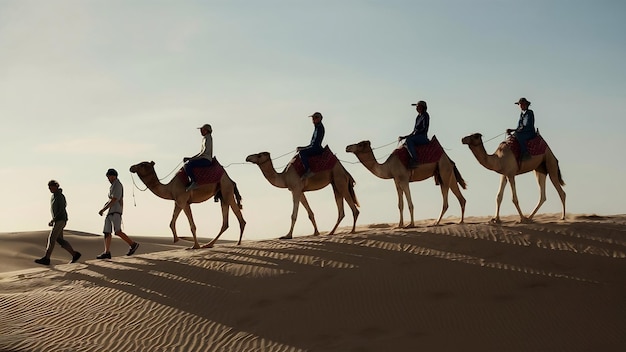 Una ripresa verticale di persone che cavalcano cammelli su una duna di sabbia nel deserto