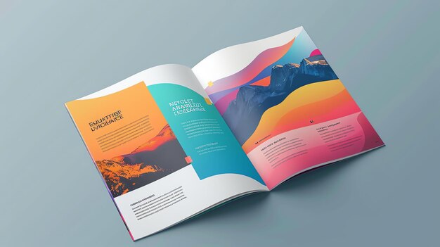 Una rivista aperta con un disegno astratto colorato sulla pagina sinistra e una foto di un paesaggio montuoso sulla destra